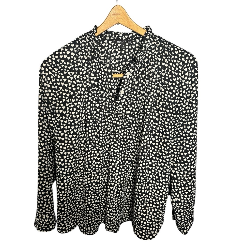 J. Crew Black and White Blouse with Mandarin Collar Heart Pattern